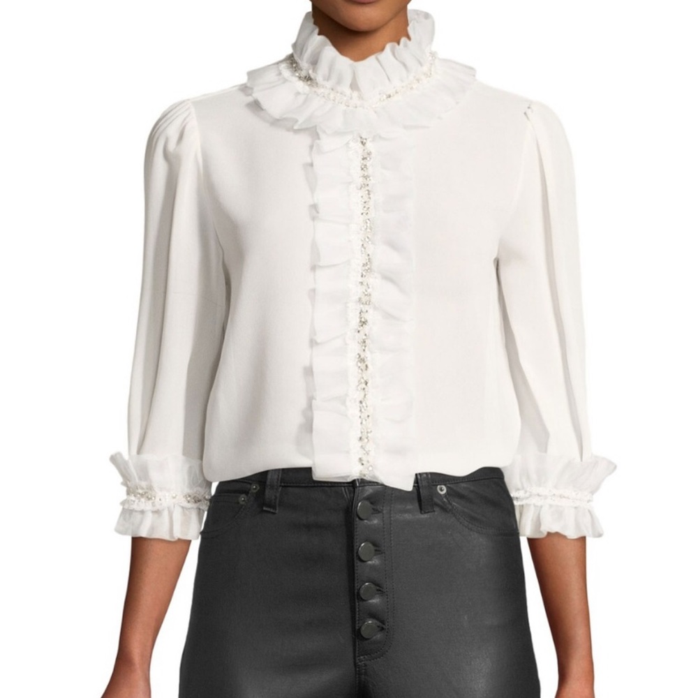 Alice + Olivia White Puff Sleeve Ruffled Blouse